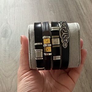 Stylish Black Leather Men's Bracelet Set